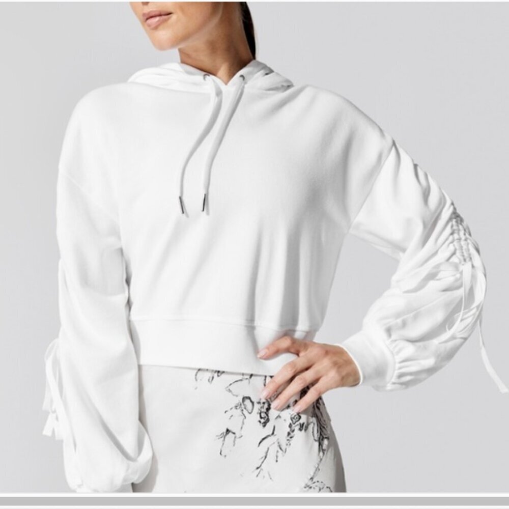 CARBON38 White Crop Sweatshirt Ruched Sleeves Size XS